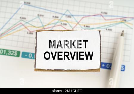 Concetto aziendale. Sullo sfondo della grafica aziendale e penne, un segno con l'iscrizione - PANORAMICA DEL MERCATO Foto Stock