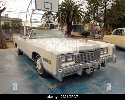 Lanus, Argentina - 24 settembre 2022: Vecchio bianco 1976 Cadillac Eldorado convertibile due porte in un parco. Natura, alberi. Spettacolo di auto classica AAA 2022. CopySpace Foto Stock