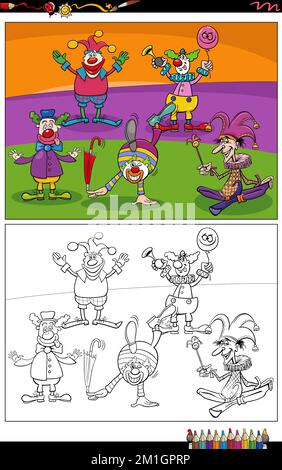 Cartoon illustrazione di divertenti clown o comici caratteri gruppo colorazione pagina Illustrazione Vettoriale