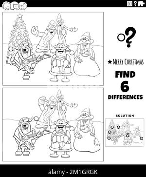 Cartoon bianco e nero illustrazione di trovare le differenze tra le immagini attività educativa per i bambini con Babbo Natale caratteri cantare Chris Illustrazione Vettoriale