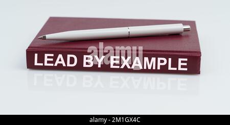 Concetto di business e finanza. Su una superficie bianca si trovano una penna e un quaderno con l'iscrizione - GUIDA PER ESEMPIO Foto Stock