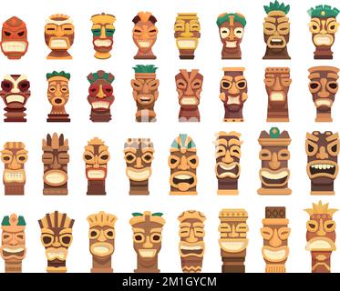Totem icone set cartoon vettore. Altare di pietra. Idolo Aztec Illustrazione Vettoriale