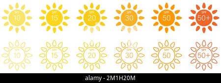 Icone protezione solare SPF. Stile artistico piatto e di linea. Illustrazione vettoriale isolata su sfondo bianco Illustrazione Vettoriale