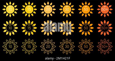 Protezione UV. Icone del fattore di protezione solare SPF. Illustrazione vettoriale isolata su sfondo nero Illustrazione Vettoriale