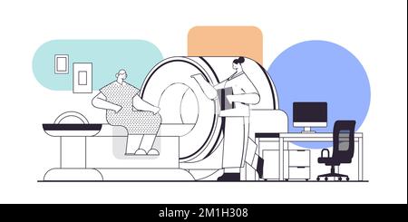 medico con paziente anziano in macchina di tomografia risonanza magnetica per imaging rm apparecchiature radiologia ospedaliera Illustrazione Vettoriale