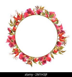 Wreath rosa acquerello. Fiori, foglie e frutti di rose selvatiche. Briar, acquerello per decorazione. Illustrazione acquerello isolata su w Foto Stock