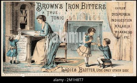 Brown's Iron Bitters, un vero tonico, cura dispepsia, indigestione, malaria, debolezza, ecc. Signore blotter, usare solo l'altro lato. , Donne, Bambini, Bitter, carte commerciali americane del 19th° secolo Foto Stock