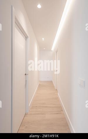 Un lungo corridoio in una casa con materiali bianchi lisci e pavimento in rovere chiaro Foto Stock