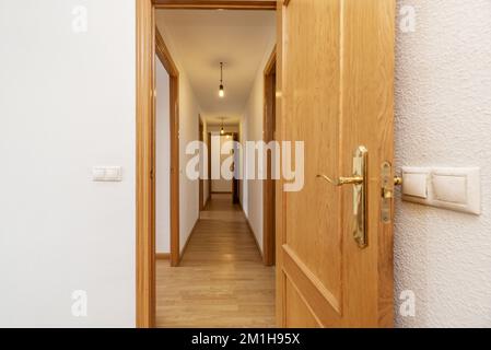 Lungo corridoio di distribuzione urbano con carpenteria in rovere, pareti dipinte di bianco con gotelet, pavimento galleggiante in rovere francese e accesso a diversi Foto Stock