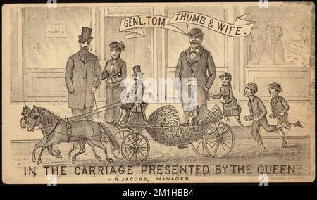 Gen'l Tom Thumb e moglie. Nella carrozza presentata dalla regina. , Persone, cavalli, carrozze & allenatori, attori, Produzioni teatrali, American Trade Cards del 19th° secolo Foto Stock