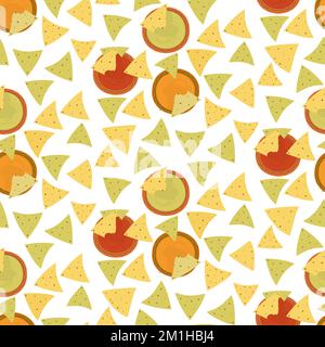 Modello senza fine con tradizionali patatine di mais colorate nachos e varie salse in stile cartoon. Isolare. Ideale per Web, sfondo, poster, biglietti o inviti, etichette, menu per bar e ristorante. EPS Illustrazione Vettoriale