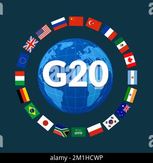 Infografica su G20 paesi del mondo. Arabia Saudita Turchia Brasile bandiera europea G20. Illustrazione Vettoriale