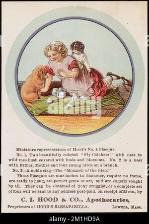 Rappresentazione in miniatura del n. 4 placche. Hood's sarsaparilla , Ragazze, cani, sarsaparilla, carte commerciali americane del 19th° secolo Foto Stock