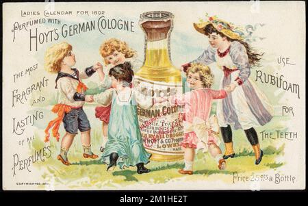 Profumato con la Colonia tedesca di Hoyt, il profumo più fragrante e duraturo di tutti i profumi. Utilizzare Rubiform per i denti. , Bambini, profumi, carte commerciali americane del 19th° secolo Foto Stock