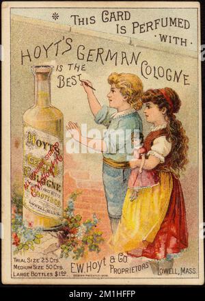 Questa carta è profumata con - la Colonia tedesca di Hoyt è la cosa migliore, i bambini, le bambole, i profumi, le carte commerciali americane del 19th secolo Foto Stock