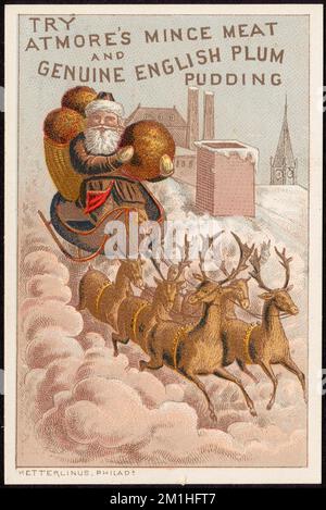 Prova la carne macinata di Atmore e il budino di prugne inglese genuino, carne, cibi in scatola, Babbo Natale, carte commerciali americane del 19th° secolo Foto Stock