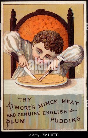 Prova la carne macinata di Atmore e il vero pudding inglese di prugne, ragazzi, carne, cibi in scatola, carte commerciali americane del 19th° secolo Foto Stock