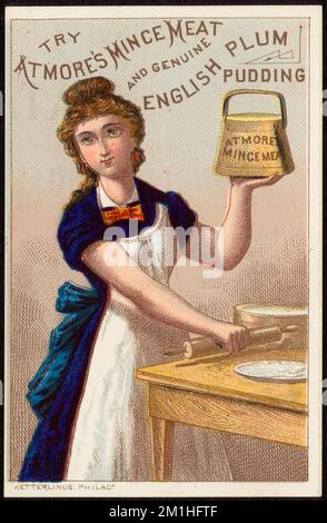 Prova la carne macinata di Atmore e il budino di prugne inglese genuino , Donne, Cucine, carne, cibi in scatola, Carte commerciali americane del 19th° secolo Foto Stock