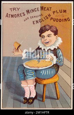 Prova la carne macinata di Atmore e il vero pudding inglese di prugne, ragazzi, carne, cibi in scatola, carte commerciali americane del 19th° secolo Foto Stock