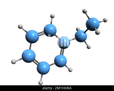 3D immagine della formula scheletrica dell'etilbenzene - struttura chimica molecolare del feniletano isolato su sfondo bianco Foto Stock