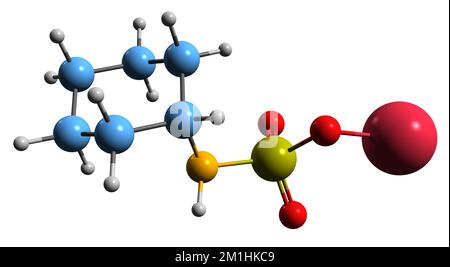 3D immagine del ciclamato di sodio formula scheletrica - struttura chimica molecolare del dolcificante artificiale cicloesilsolfammato di sodio isolato su bianco b Foto Stock