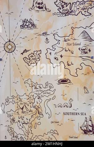 Vecchia mappa disegnata a mano di oceano con creature mitiche Foto Stock