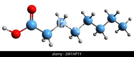 3D immagine della formula scheletrica dell'acido caprilico - struttura chimica molecolare dell'acido ottilico isolato su sfondo bianco Foto Stock