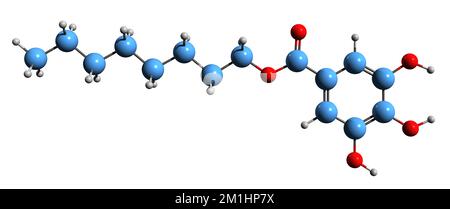 3D immagine di ottil gallato formula scheletrica - struttura chimica molecolare di estere di 1-ottanolo e acido gallico isolato su sfondo bianco Foto Stock