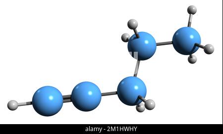 3D immagine di 1-Pentyne formula scheletrica - struttura chimica molecolare di Propilacetilene isolato su sfondo bianco Foto Stock