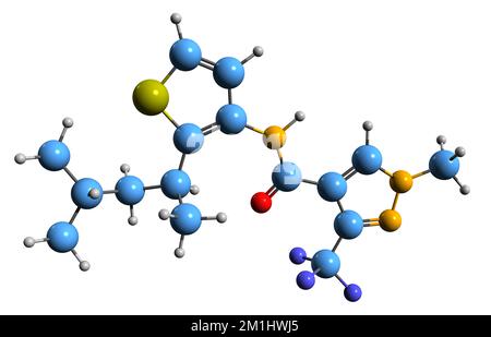 3D immagine di Penthiopyrad formula scheletrica - struttura chimica molecolare del fungicida isolato su sfondo bianco Foto Stock