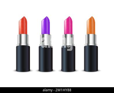 Rossetto trucco 3D liquido cosmetico isolato compongono l'illustrazione del prodotto di bellezza. Set di colori per rossetto Illustrazione Vettoriale