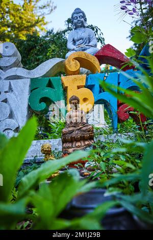 Vista delle piccole statue di buddha attraverso le piante da giardino Foto Stock