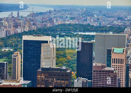Central Park nei primi mesi dell'autunno, con luce soffusa dall'alto, si affaccia sul lato sud circondato da grattacieli Foto Stock