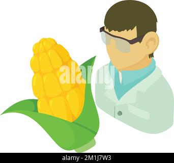 Vettore isometrico Icon laboratorio agricolo. Ricercatore che analizza l'icona del corncob. Concetto scientifico, ricerca di laboratorio Illustrazione Vettoriale