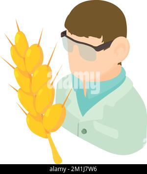 Vettore isometrico Icon laboratorio agricolo. Biologo e orecchio maturo di grano. Concetto scientifico, ricerca di laboratorio Illustrazione Vettoriale