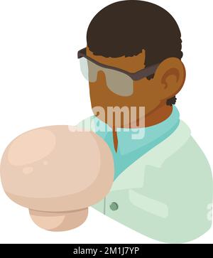 Vettore isometrico Icon laboratorio alimentare. Chimico scientifico maschile e champignon. Controllo di qualità del cibo Illustrazione Vettoriale