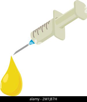 Vettore isometrico dell'icona del prodotto puro. Goccia di olio vegetale da siringa monouso. Controllo di qualità del cibo Illustrazione Vettoriale