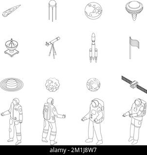 Set icone astronauta. Insieme isometrico di icone vettoriali astronauta delineate su una collezione di linee sottili bianche Illustrazione Vettoriale