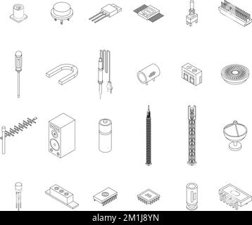 Set di icone di radio ENGINEER. Insieme isometrico di icone vettoriali di un tecnico radio delineate sulla raccolta di linee sottili bianche Illustrazione Vettoriale
