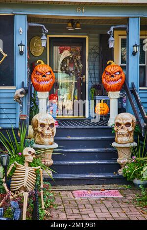 Zucche e scheletri per Halloween decorano l'esterno della casa portico americana a New York Foto Stock