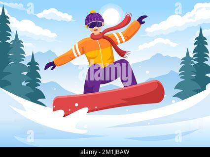 Snowboard con persone che scivolano e saltano sul lato Snowy Mountain o Slope Inside Flat Cartoon modelli disegnati a mano Illustrazione Illustrazione Vettoriale