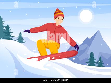 Snowboard con persone che scivolano e saltano sul lato Snowy Mountain o Slope Inside Flat Cartoon modelli disegnati a mano Illustrazione Illustrazione Vettoriale