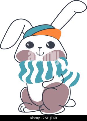Piccolo coniglio che indossa sciarpa a maglia e cappello vettore Illustrazione Vettoriale