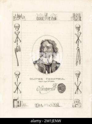 Oliver Cromwell, è morto il 3 settembre 1658. Cromwell, politico e soldato della Guerra civile inglese, regicidio di re Carlo i d'Inghilterra, e Lord Protector del Commonwealth, 1599-1658. Con il suo autografo e sigillo. All'interno di una cornice decorata con vignette di cranio e ossa a croce, catene e ascia del carnefice, un uomo appeso a un gibbetto a Tyburn, un uomo condannato su una slitta, la Torre di Londra, prigione di Newgate. Incisione su copperplate di Robert Cooper, ritratto inciso da Burnet Reading, tratto da The High Court of Justice di James Caulfield, Londra, 1820. Foto Stock