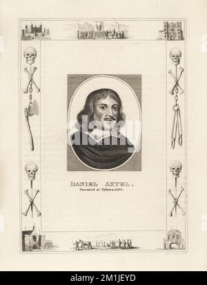 Daniel Axtel, eseguito a Tyburn. Colonnello Daniel Axtell, 1622-1660, drogheria, radicale religioso, soldato parlamentare e regicida di re Carlo I. Fu impiccato, disegnato e quartato il 19 ottobre 1660. All'interno di una cornice decorata con vignette di cranio e ossa a croce, catene e ascia del carnefice, un uomo appeso a un gibbetto a Tyburn, un uomo condannato su una slitta, la Torre di Londra, prigione di Newgate. Incisione su copperplate di Robert Cooper di James Caulfield's The High Court of Justice, Londra, 1820. Foto Stock