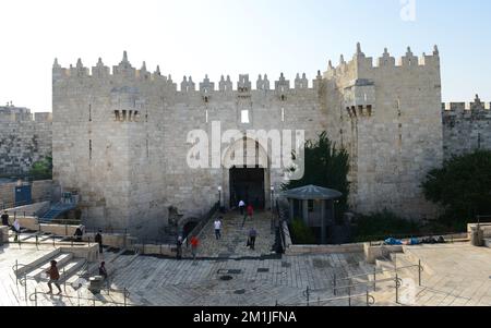 Cinquecentesca porta di Damasco nella città vecchia di Gerusalemme. Foto Stock