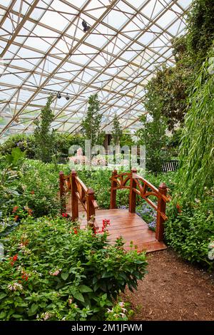 Tranquillo ponte a piedi sul sentiero in giardini botanici con tetto in vetro sovrastante Foto Stock
