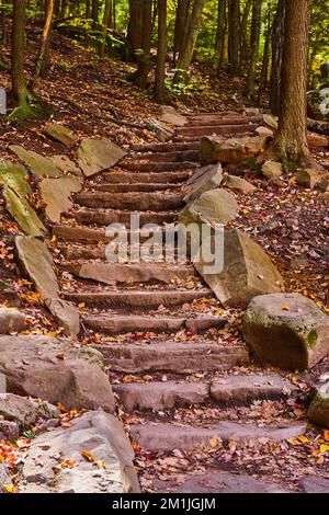 Scala sentiero escursionistico nella foresta autunnale fiancheggiata da rocce di pietra che si avvolgono Foto Stock