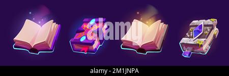 Libri magici aperti e chiusi di incantesimi con copertine fantasy, segnalibri e luce misteriosa. Icone di gioco del mago di fiaba o grimoires della strega, illustrazione vettoriale del cartone animato Illustrazione Vettoriale