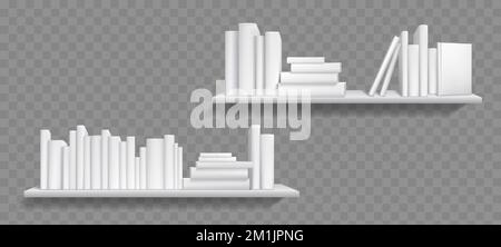 Set png librerie isolato su sfondo trasparente. Pile di libri bianchi giacenti e in piedi sullo scaffale. Fiction, scienza, letteratura educativa beffa. Illustrazione vettoriale realistica della libreria domestica Illustrazione Vettoriale
